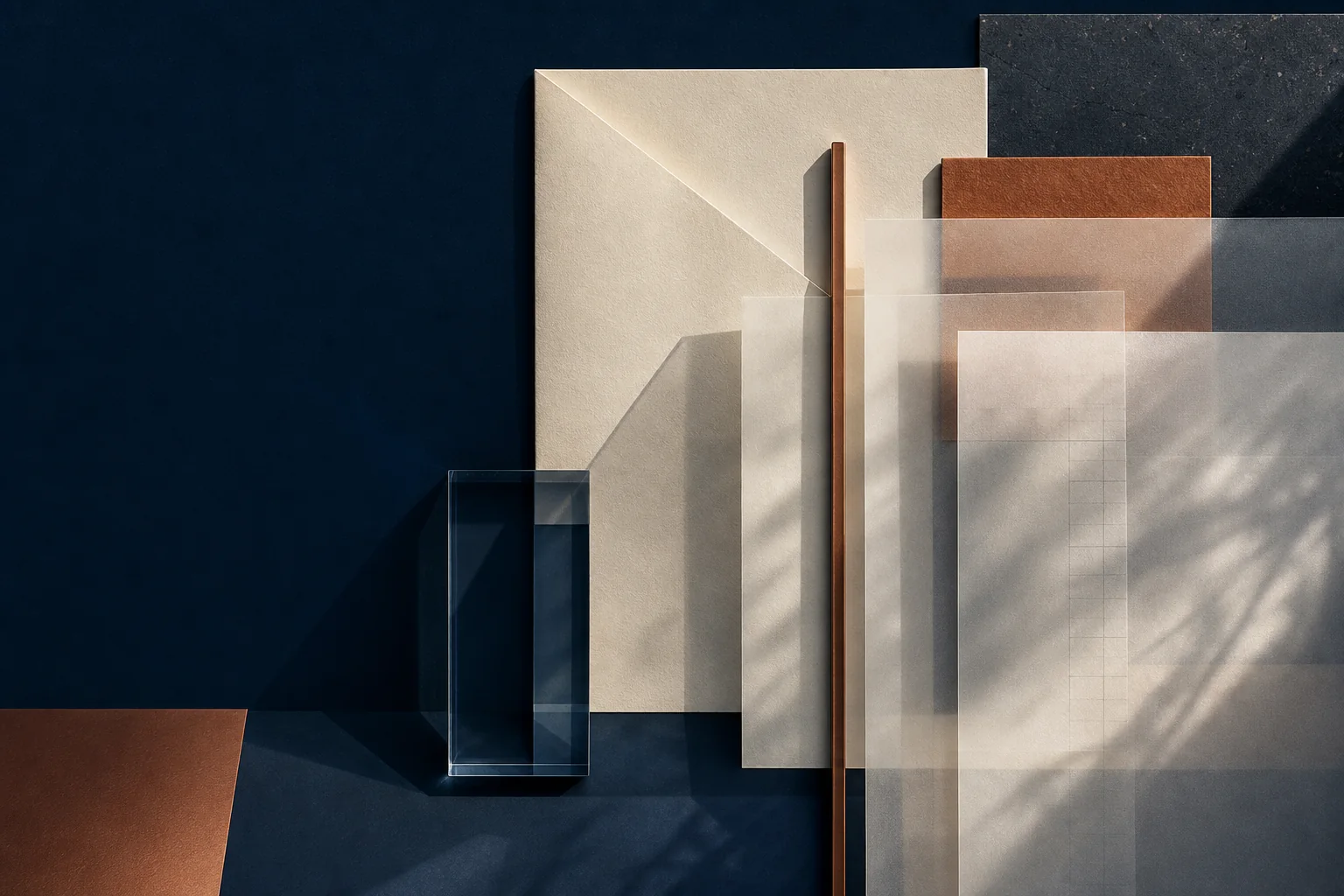 Abstract arrangement of navy, ivory, copper, glass, and vellum planes